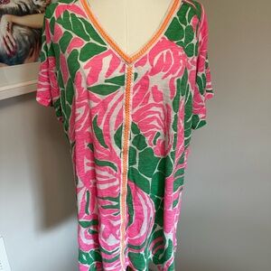 Lilly Pulitzer Pink Green Floral Swim Coverup with Orange Trim